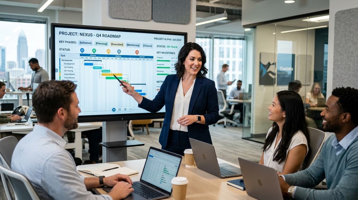 A project manager presenting a roadmap to her team